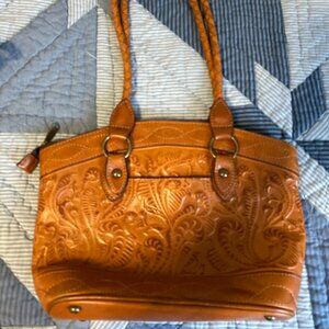 PATRICIA NASH Zorita Satchel Floral Tooled Triple Compartment Camel Leather Bag